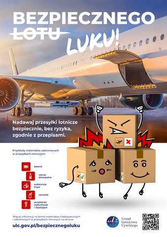 Plakat przedstawiający na tle samolotu z otwartym lukiem 3 animowane paczki